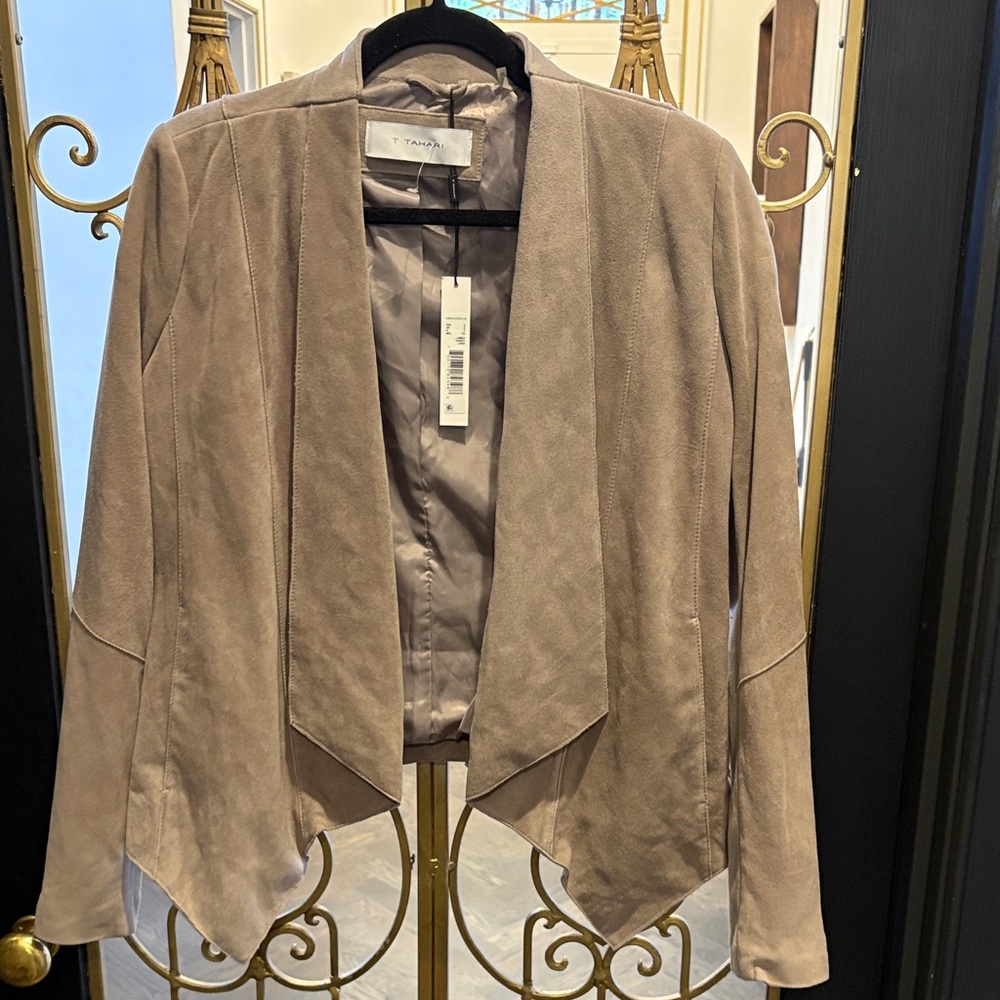 T Tahari Taupe Suede leather nwt ribbed arms  Open Front Waterfall Jacket small